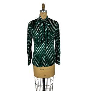 Vintage 70s Polka Dot Top Womens L Forest Green Necktie Long Sleeve Blouse